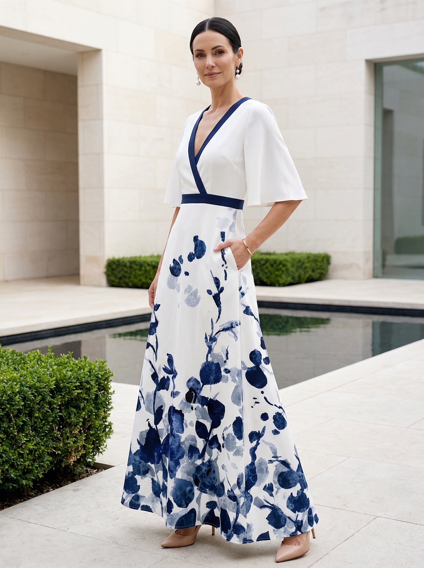 Women's Floral Maxi Dress V-Neck Flutter Sleeves - 
Fashinoza