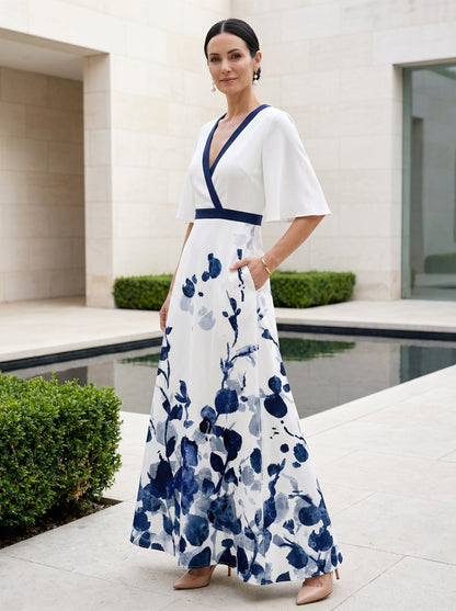 Women's Floral Maxi Dress V-Neck Flutter Sleeves - 
Fashinoza