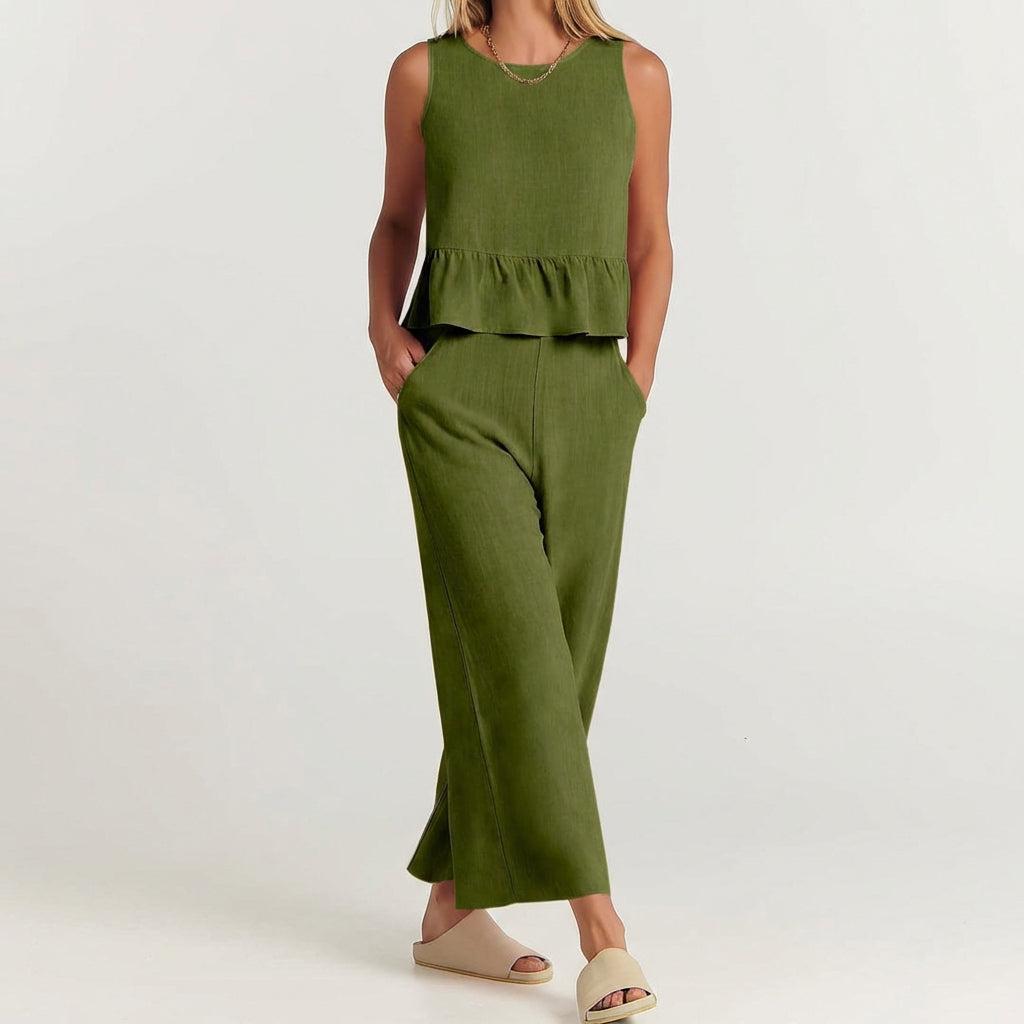 Women's Linen Peplum And Wide Leg Pants Set - 
Fashinoza