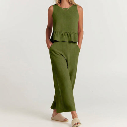Women's Linen Peplum And Wide Leg Pants Set - 
Fashinoza
