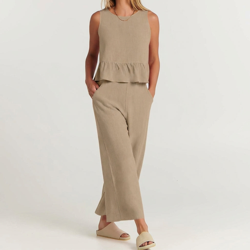 Women's Linen Peplum And Wide Leg Pants Set