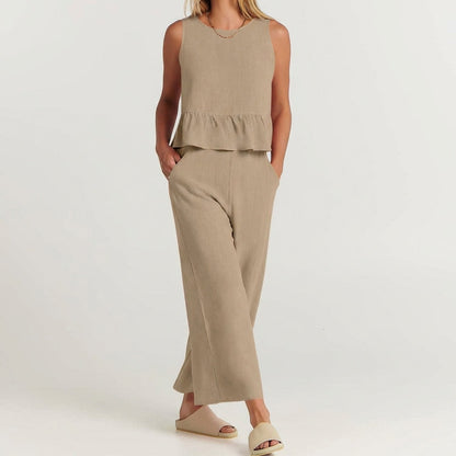 Women's Linen Peplum And Wide Leg Pants Set