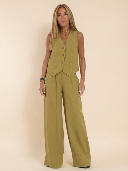 Linen Vest And Trousers Set Wide Leg - 
Fashinoza