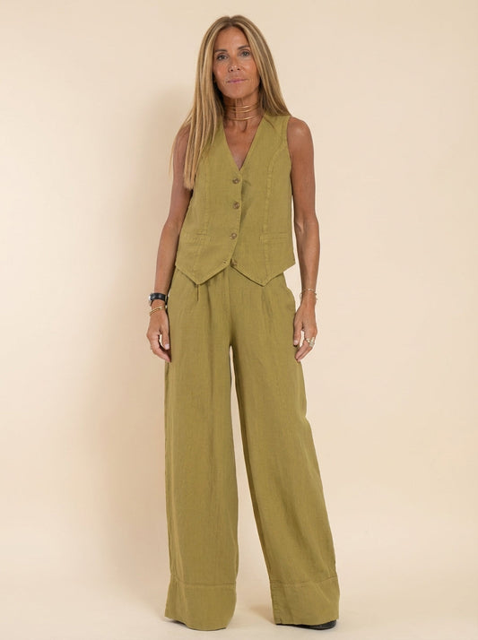 Linen Vest And Trousers Set Wide Leg - 
Fashinoza