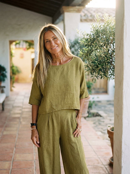 Women's Relaxed Two-Piece Linen Wide-Leg Pants Set - 
Fashinoza