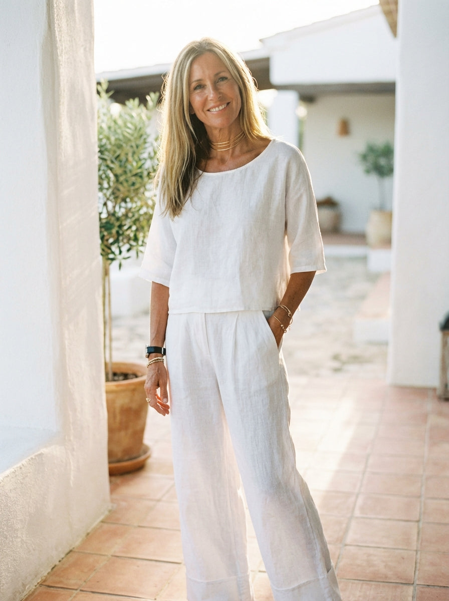 Women's Relaxed Two-Piece Linen Wide-Leg Pants Set