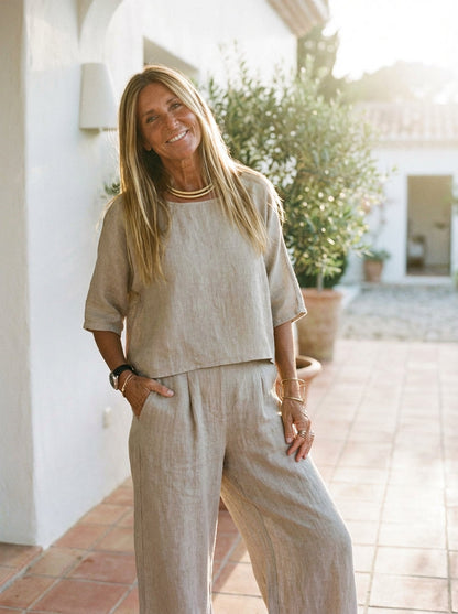 Women's Relaxed Two-Piece Linen Wide-Leg Pants Set