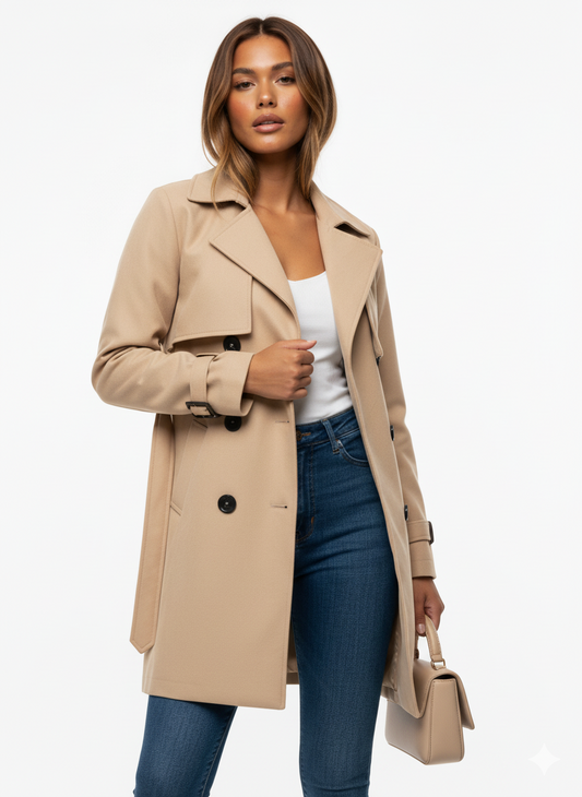 Women's Wool Trench Coat Double-Breasted Warm Beige - Fashinoza