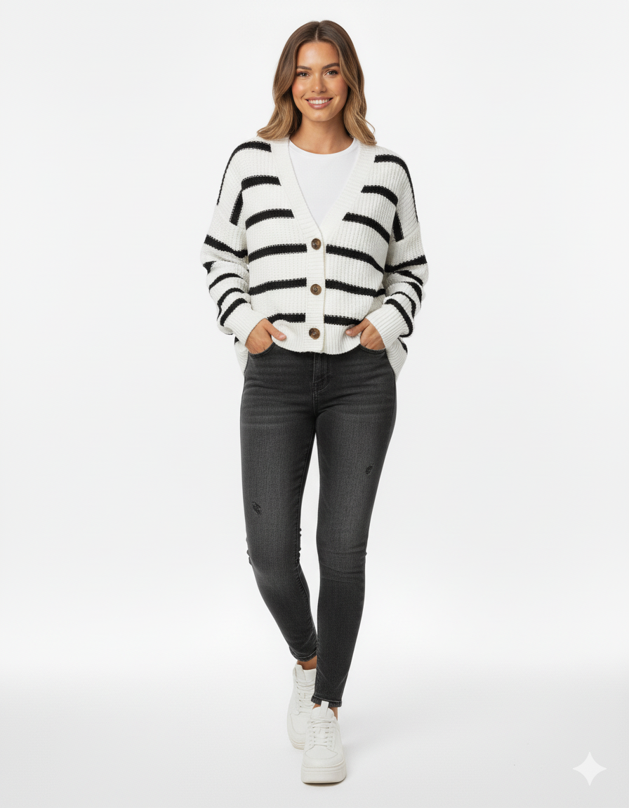 Women's Striped Knit Cardigan Sweater Relaxed Fit