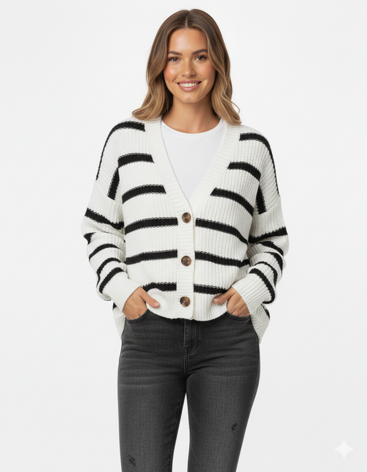 Women's Striped Knit Cardigan Sweater Relaxed Fit - Fashinoza