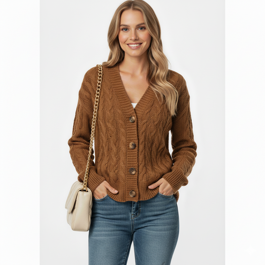 Women's Cable Knit Cardigan Slim Fit Button Front Closure - Fashinoza