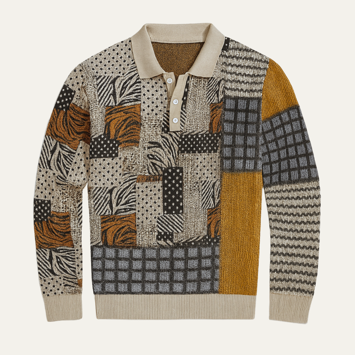 Men's Patchwork Polo Sweater Button Neck - Fashinoza