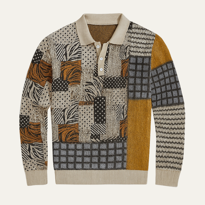 Men's Patchwork Polo Sweater Button Neck - Fashinoza