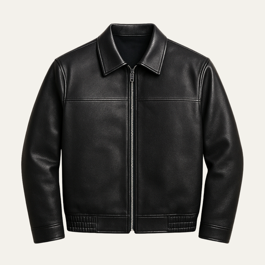 Men's Classic Leather Biker Jacket Zip Black - Fashinoza