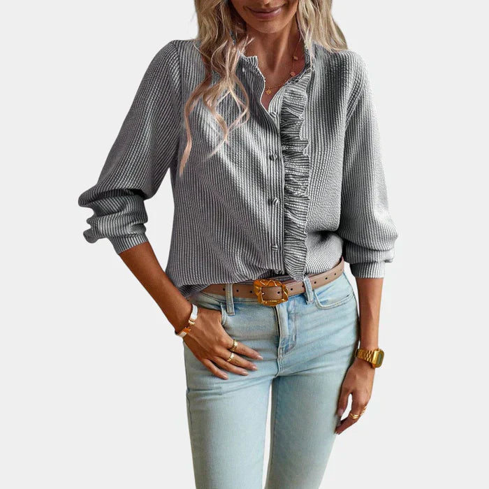 Women's Striped Ruffle Blouse Button Front