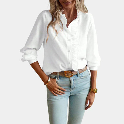Women's Striped Ruffle Blouse Button Front
