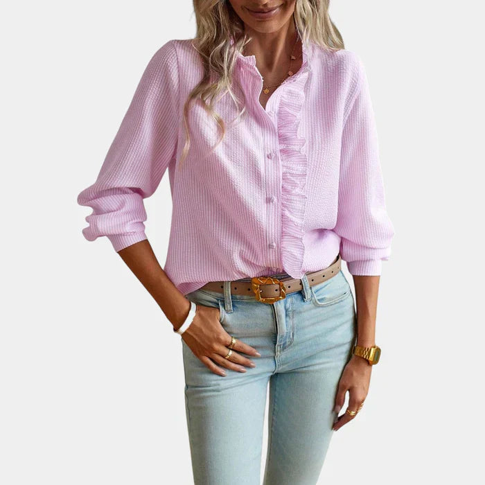 Women's Striped Ruffle Blouse Button Front - Fashinoza
