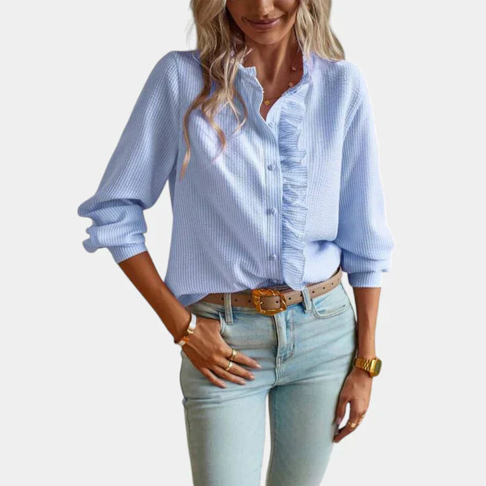 Women's Striped Ruffle Blouse Button Front