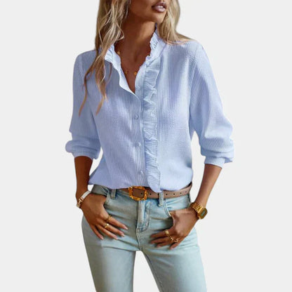 Women's Striped Ruffle Blouse Button Front