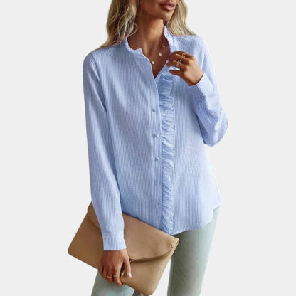 Women's Striped Ruffle Blouse Button Front