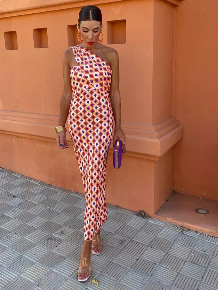 Women's Printed Midi Dress One Shoulder Wide Strap - 
Fashinoza