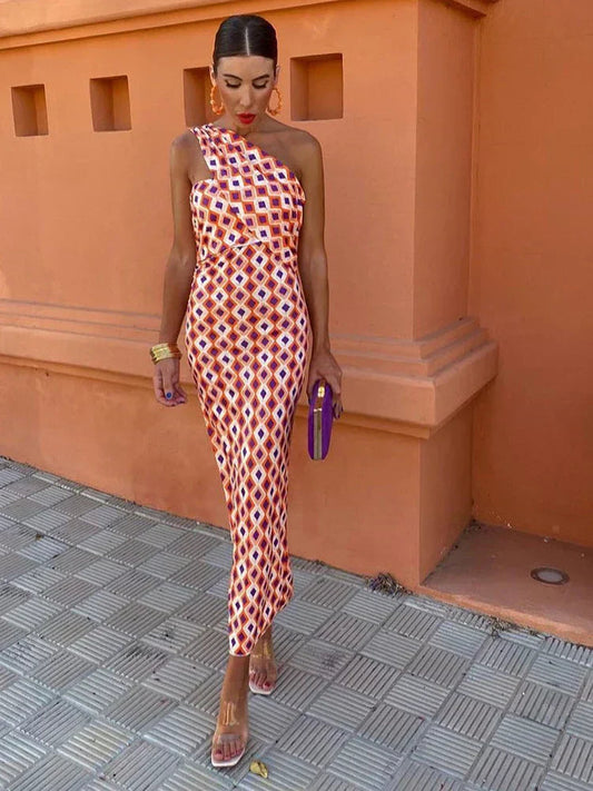 Women's Printed Midi Dress One Shoulder Wide Strap - 
Fashinoza