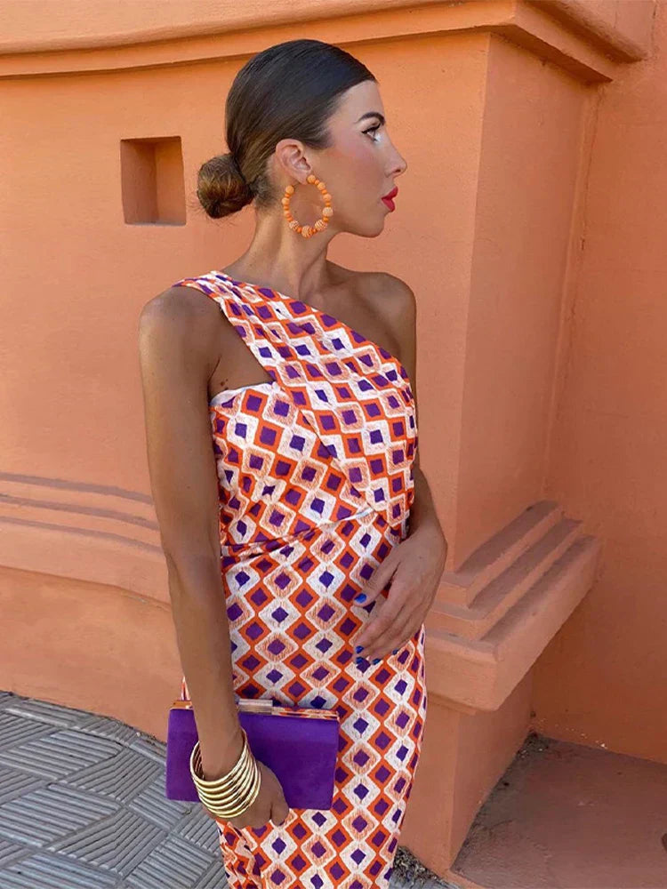 Women's Printed Midi Dress One Shoulder Wide Strap