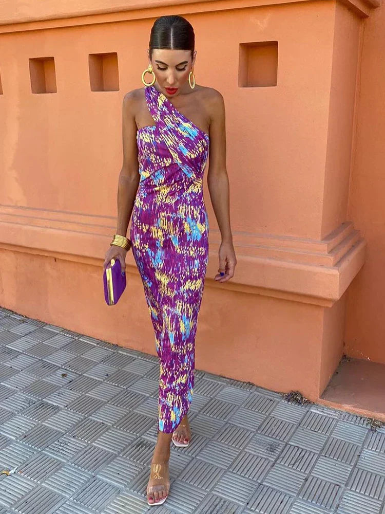 Women's Printed Midi Dress One Shoulder Wide Strap