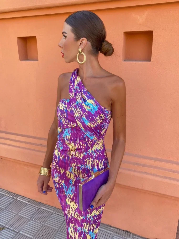 Women's Printed Midi Dress One Shoulder Wide Strap