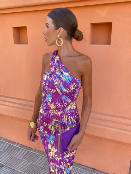 Women's Printed Midi Dress One Shoulder Wide Strap