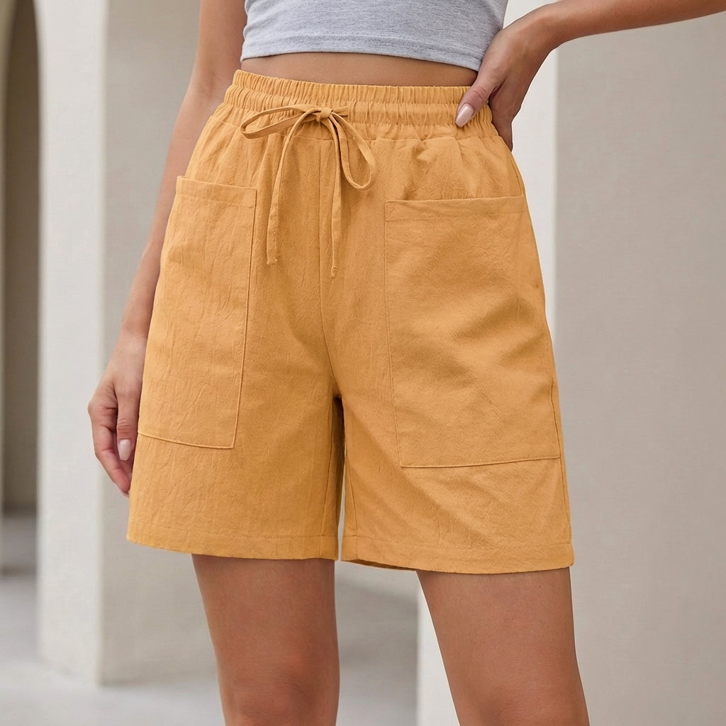 Relaxed Fit Shorts Drawstring Waist Textured Cotton - 
Fashinoza