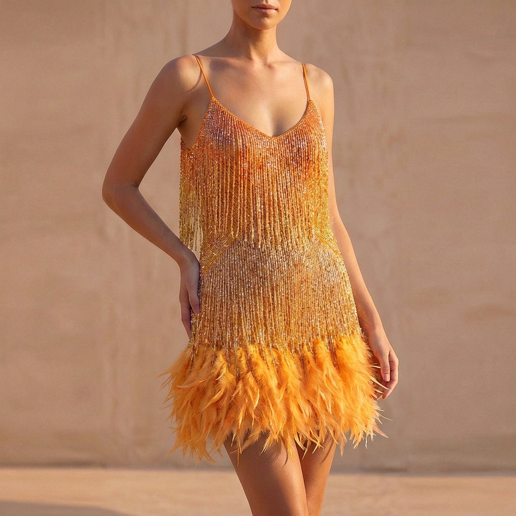 Women's Fringe Mini Dress Feather Detail