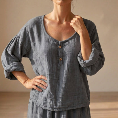 Women's Cotton Blend Blouse Relaxed Fit V-Neck Textured Sleeves - 
Fashinoza