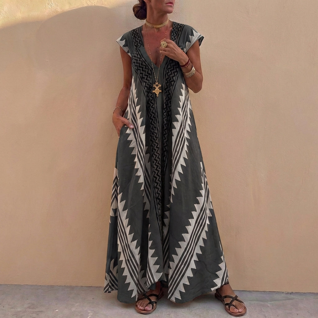 Bohemian A-Line Maxi Dress V-Neck Geometric Print - 
Fashinoza