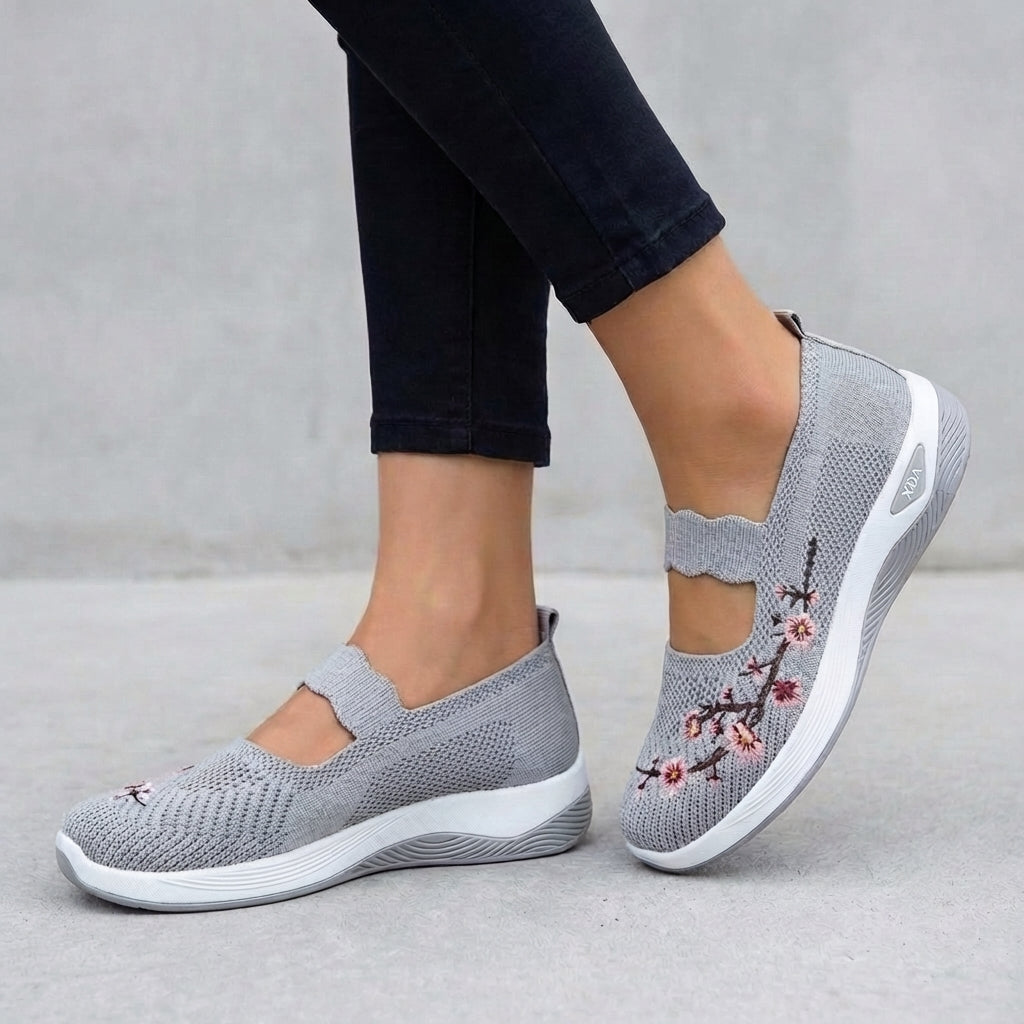 Women's Knit Mary Jane Flats Floral Embroidery