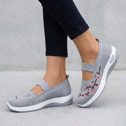 Women's Knit Mary Jane Flats Floral Embroidery