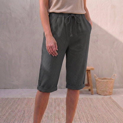 Linen Capri Pants Relaxed Fit Drawstring Waist Cuffed Hem