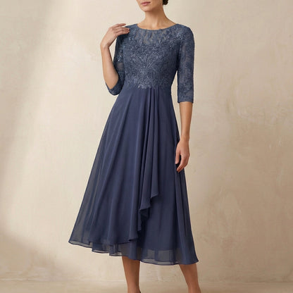 Women's Embroidered Midi Dress Sheer Sleeves Pockets