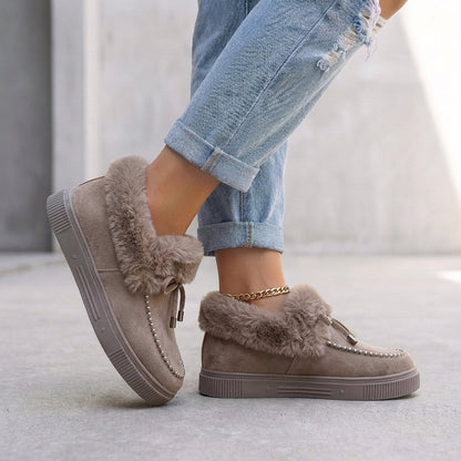 Women's Ankle Boots Faux Fur Trim Moccasin Detail Brown - 
Fashinoza