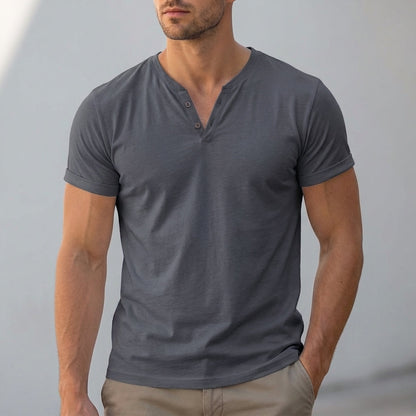 Fitted V-Neck Short Sleeve T-Shirt Two-Button Placket