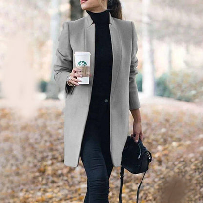 Women's Long Wool Trench Coat Stand Collar Warm Beige