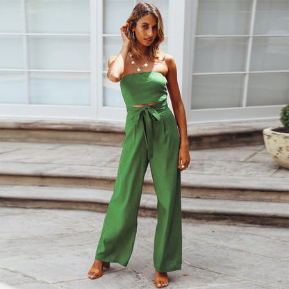Women's Strapless Wide Leg Jumpsuit Tie Waist