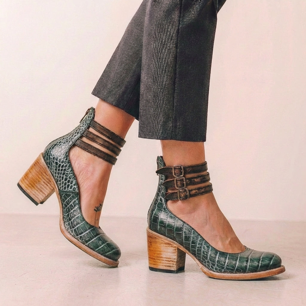Vegan Leather Block Heel Pumps With Buckle Ankle Strap