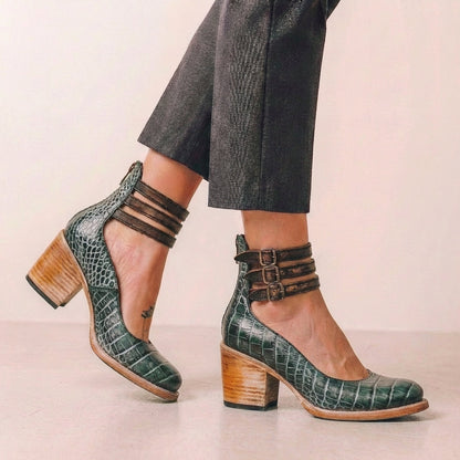 Vegan Leather Block Heel Pumps With Buckle Ankle Strap