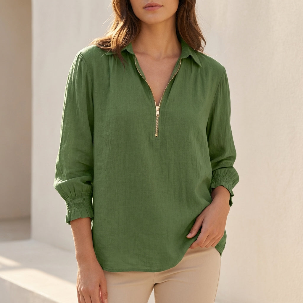 Women's Linen Oversized Zip Blouse Relaxed Fit