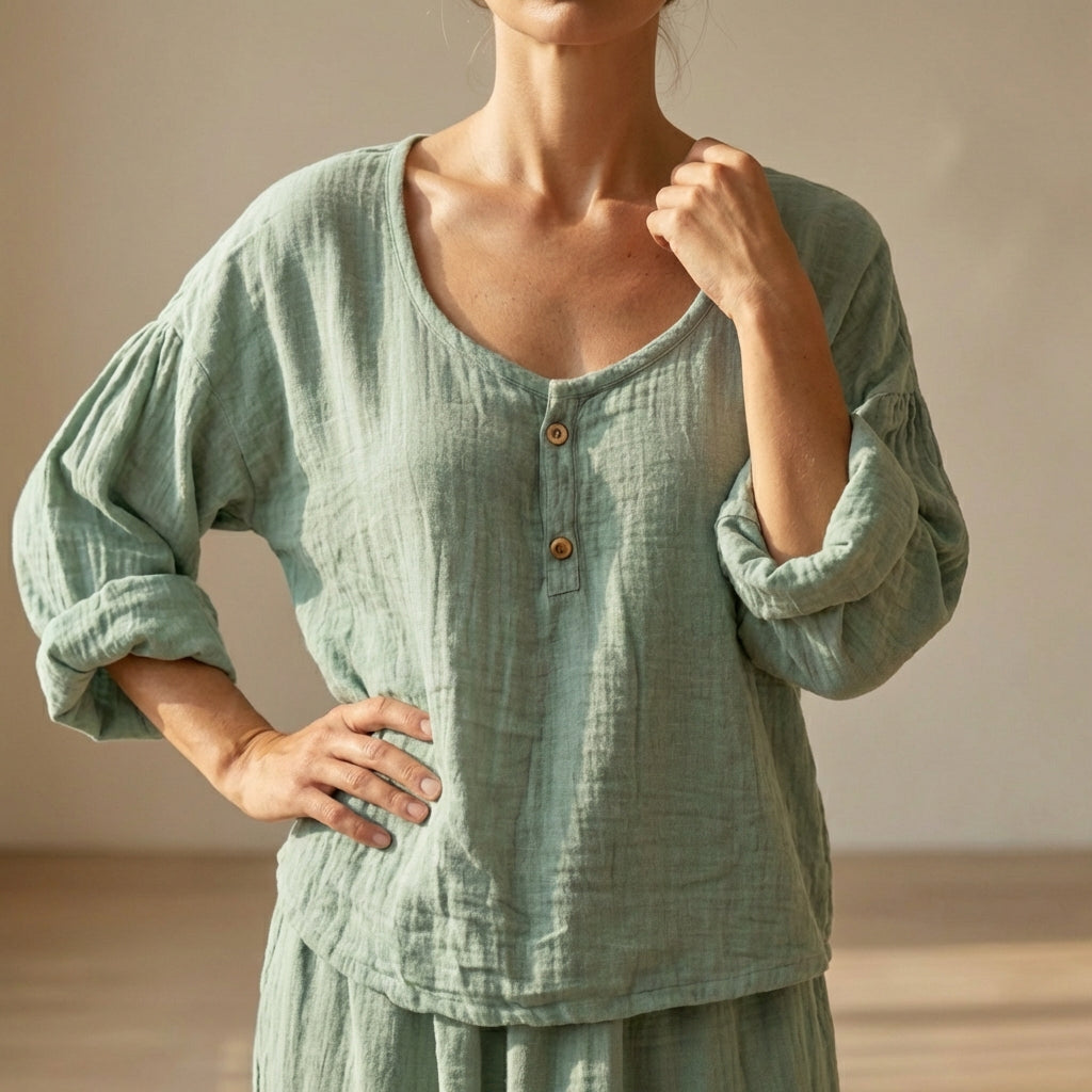 Women's Cotton Blend Blouse Relaxed Fit V-Neck Textured Sleeves