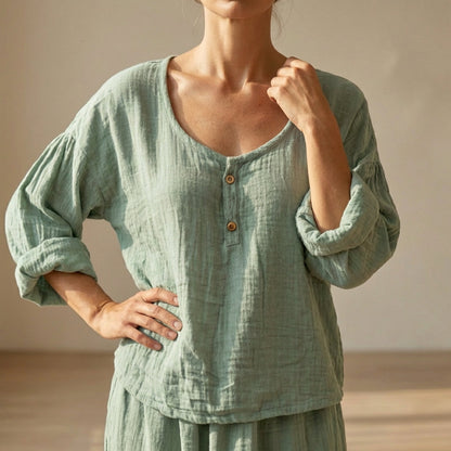 Women's Cotton Blend Blouse Relaxed Fit V-Neck Textured Sleeves