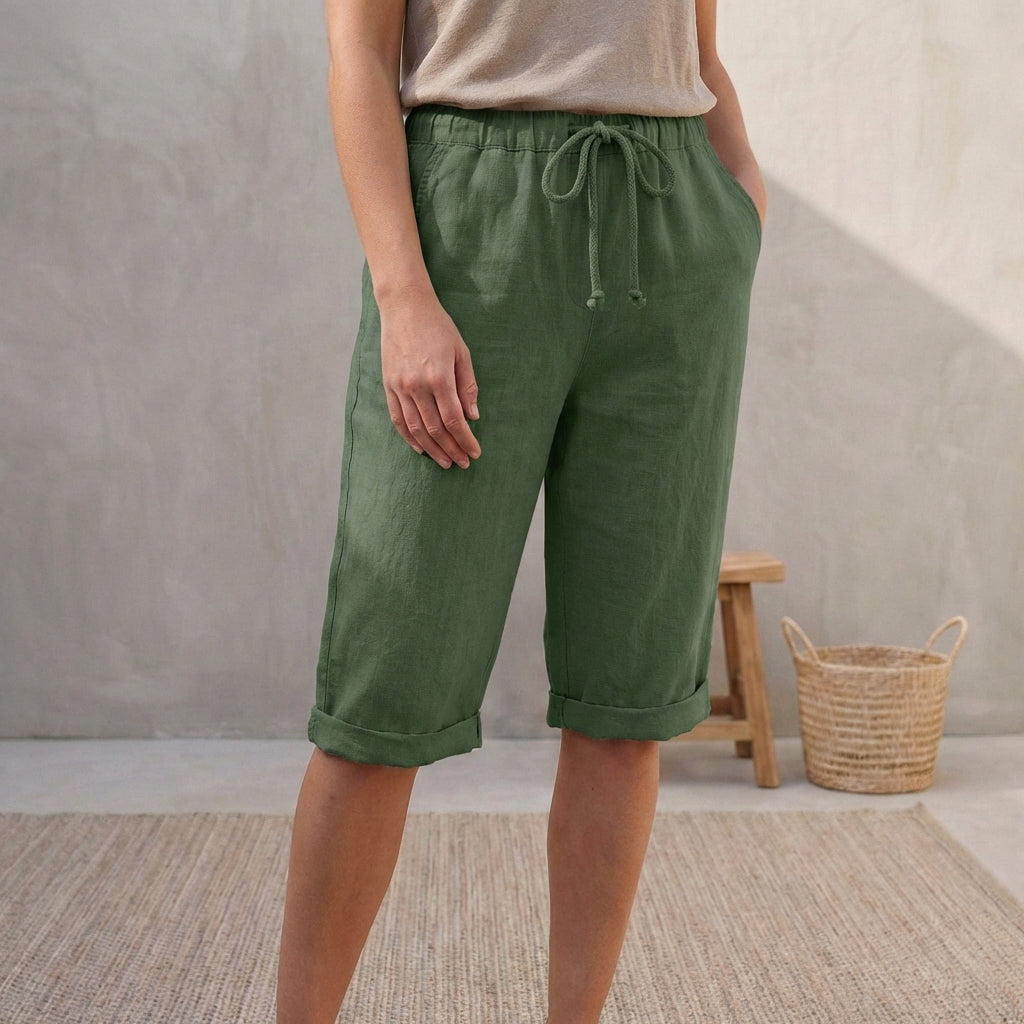Linen Capri Pants Relaxed Fit Drawstring Waist Cuffed Hem
