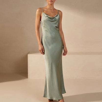 Women's Satin Maxi Dress Cowl Neck Spaghetti Straps Evening Black - 
Fashinoza
