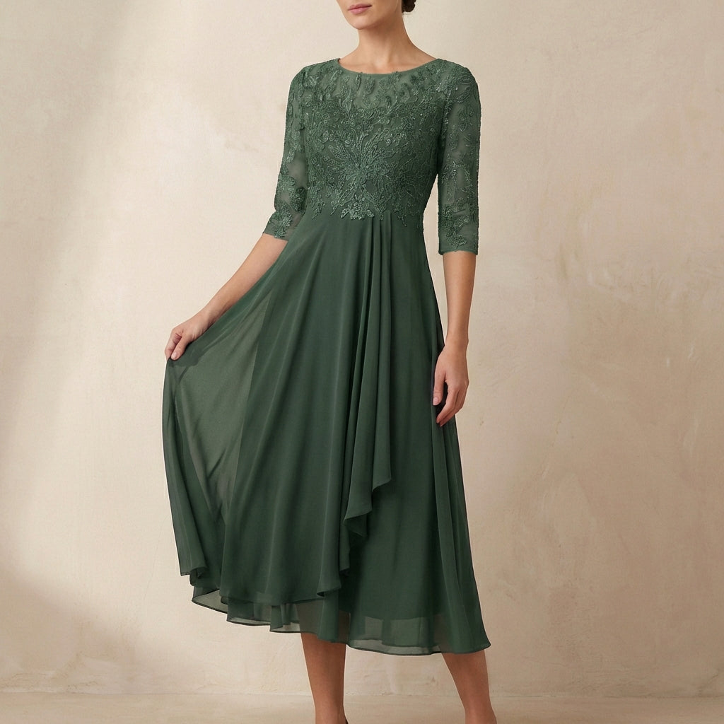Women's Embroidered Midi Dress Sheer Sleeves Pockets